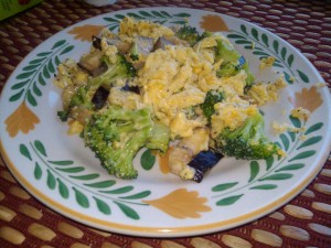 Cajun Scrambled Eggs with Eggplant and Broccoli